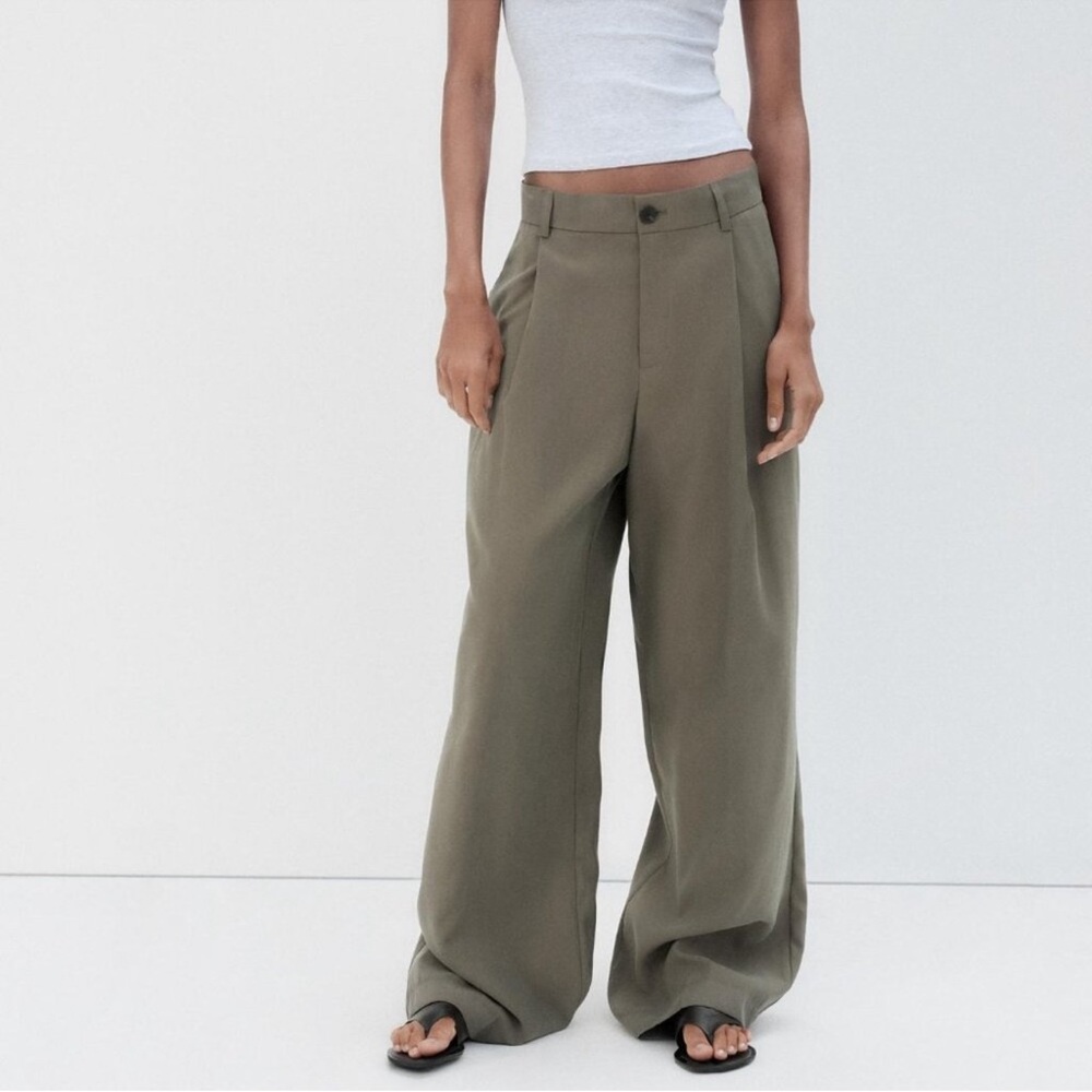 Zara Khaki Wide-Leg Pleated Pants